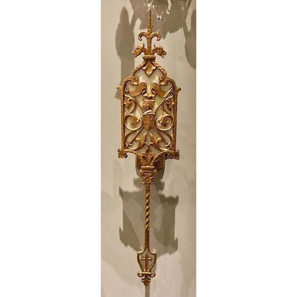 27” Long Bronze Spanish Gothic Revival Sconces 1920 Fluer de lis Knight Ornate - Picture 2 of 10